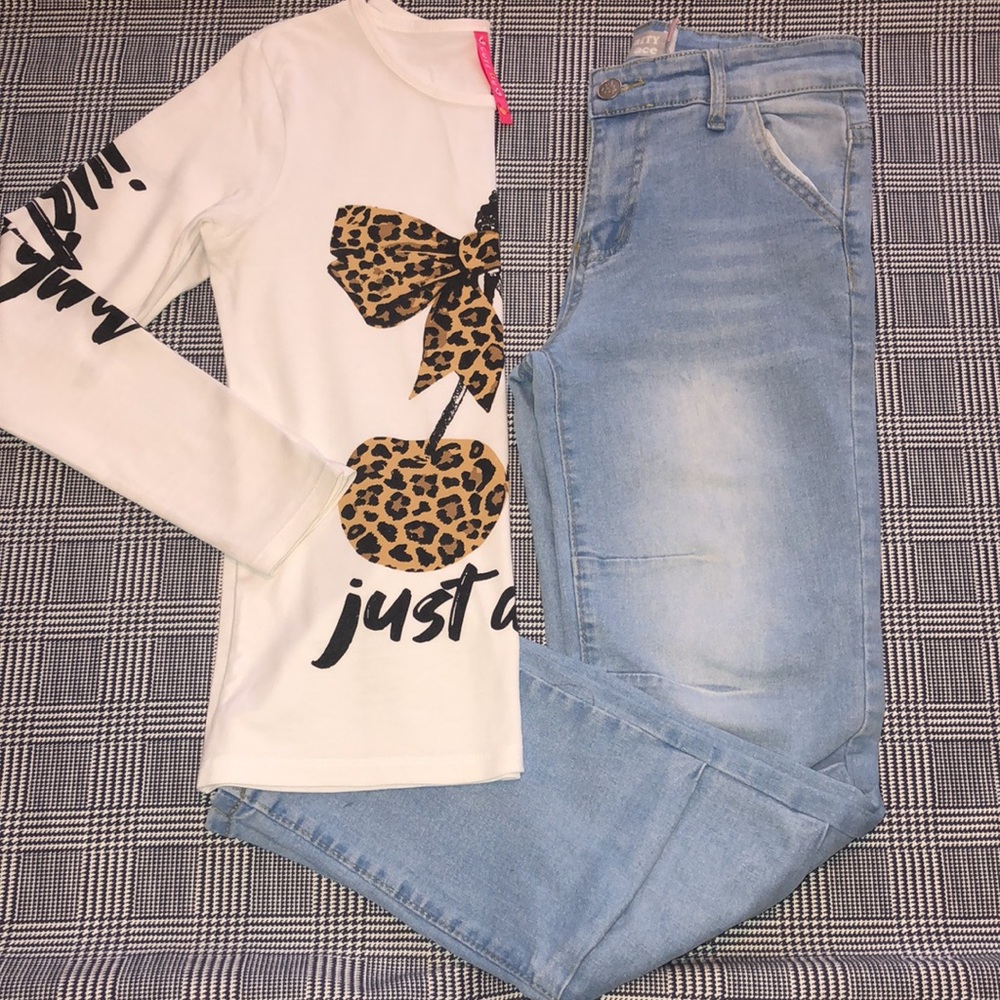 Girls' Long-Sleeve Printed Tee Shirt & Gathered Style Pockets Blue-Jeans